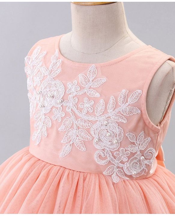 Babyhug Sleeveless Party Wear Embroidered Frock With Net Detailing- Peach