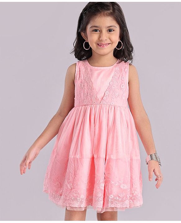 Babyhug Sleeveless Knee Length Solid Color Embroidered Party Dress - Pink