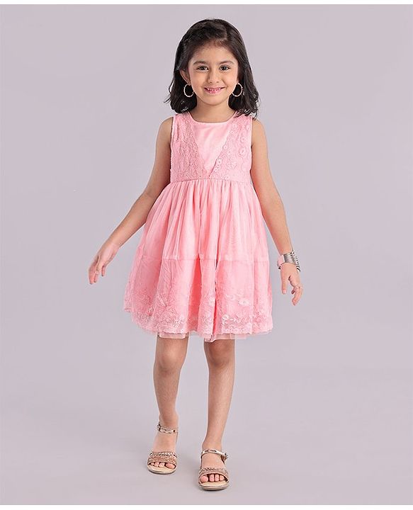 Babyhug Sleeveless Knee Length Solid Color Embroidered Party Dress - Pink