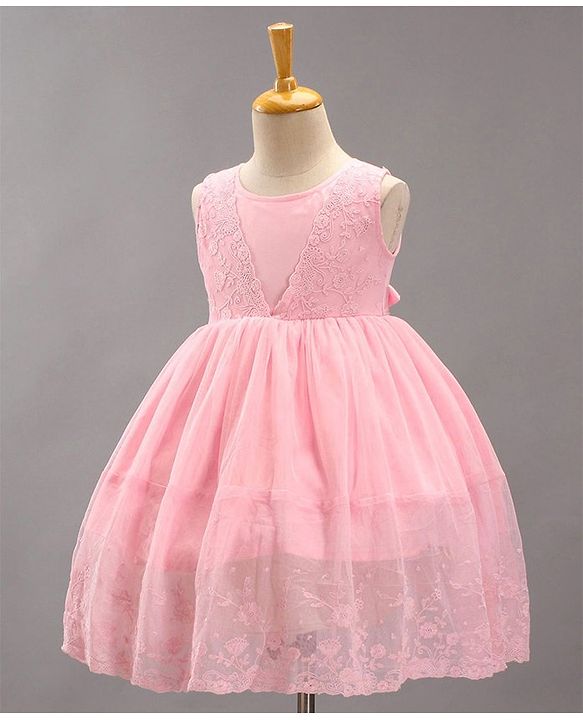 Babyhug Sleeveless Knee Length Solid Color Embroidered Party Dress - Pink