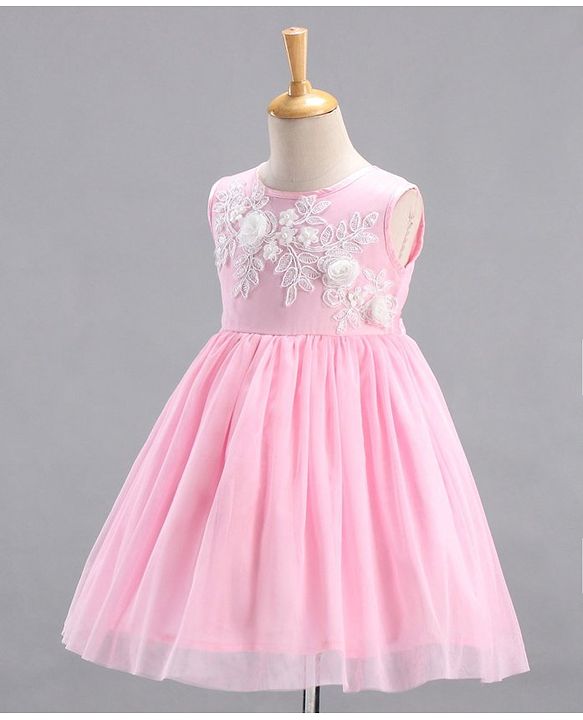 Babyhug Sleeveless Party Wear Frock Floral Embroidery & Applique- Pink