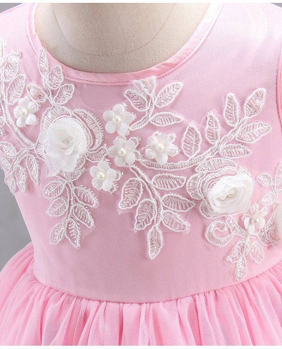 Babyhug Sleeveless Party Wear Frock Floral Embroidery & Applique- Pink