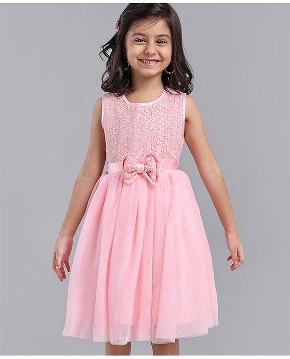 Babyhug Sleeveless Knee Length Party Dress With Bow Applique - Pink