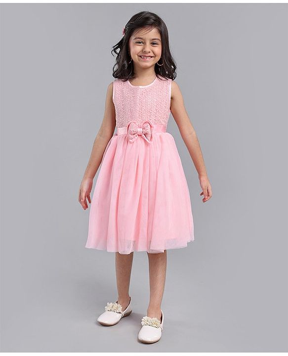 Babyhug Sleeveless Knee Length Party Dress With Bow Applique - Pink