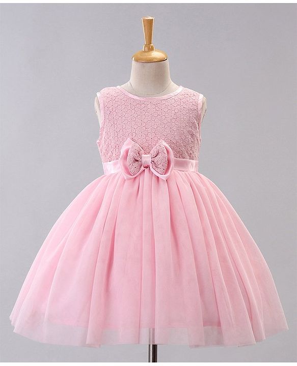 Babyhug Sleeveless Knee Length Party Dress With Bow Applique - Pink