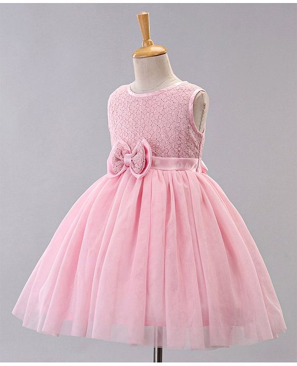 Babyhug Sleeveless Knee Length Party Dress With Bow Applique - Pink