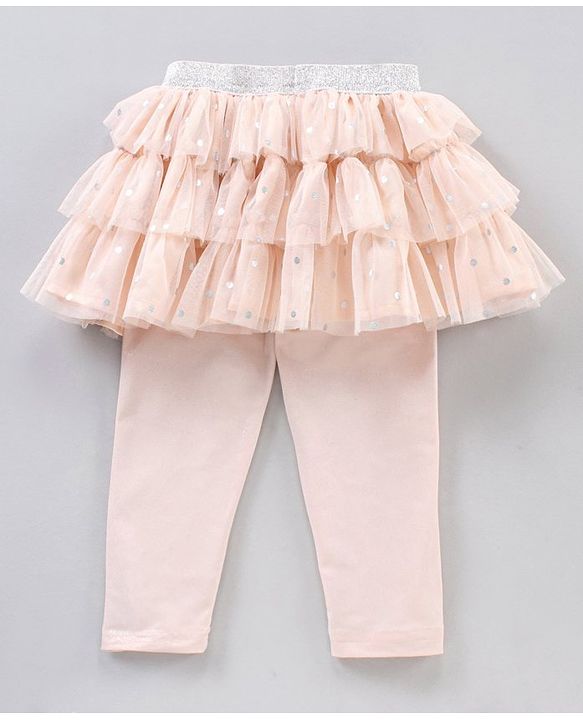 Babyhug Knee Length Flared Skirt With Leggings Glitter Print - Peach