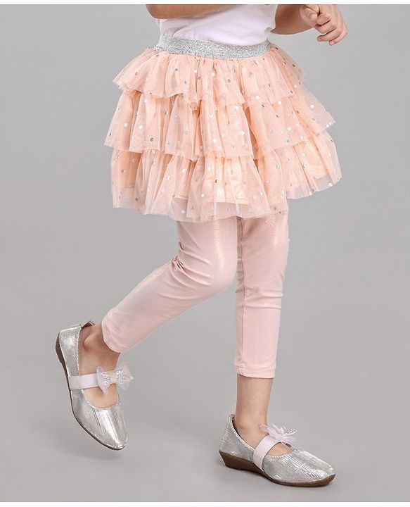 Babyhug Knee Length Flared Skirt With Leggings Glitter Print - Peach