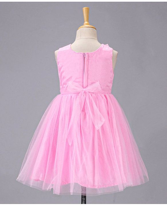 Babyhug Sleeveless Party Wear Frock With Net Detailing & Floral Applique- Pink