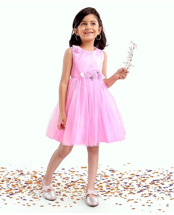 Babyhug Sleeveless Party Wear Frock With Net Detailing & Floral Applique- Pink