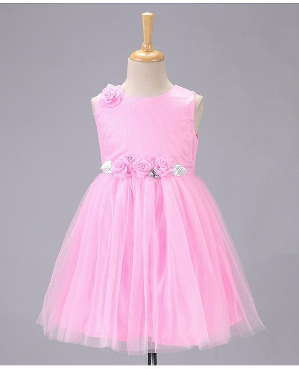 Babyhug Sleeveless Party Wear Frock With Net Detailing & Floral Applique- Pink