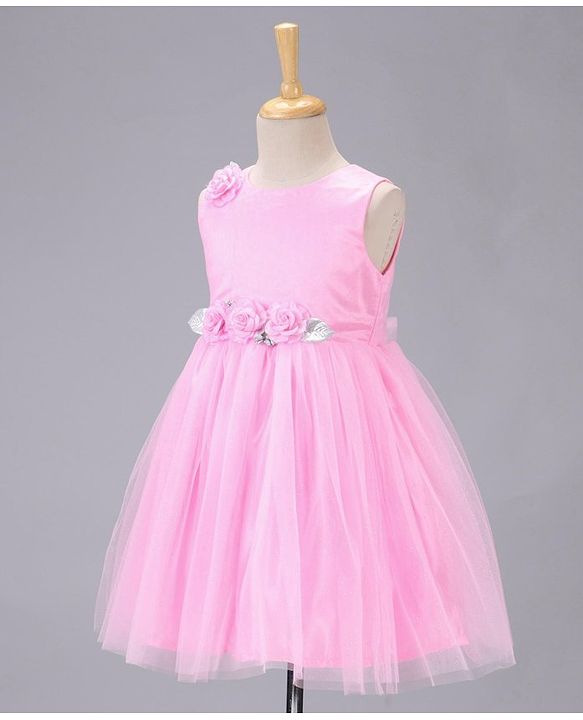 Babyhug Sleeveless Party Wear Frock With Net Detailing & Floral Applique- Pink