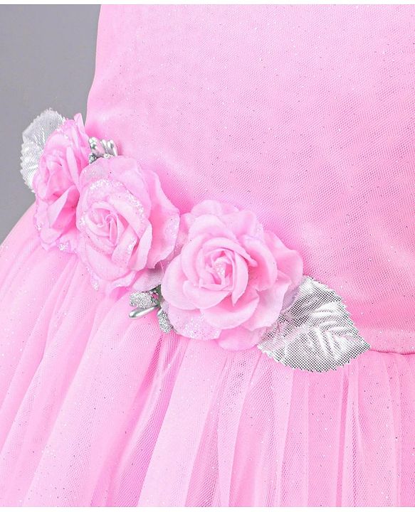 Babyhug Sleeveless Party Wear Frock With Net Detailing & Floral Applique- Pink