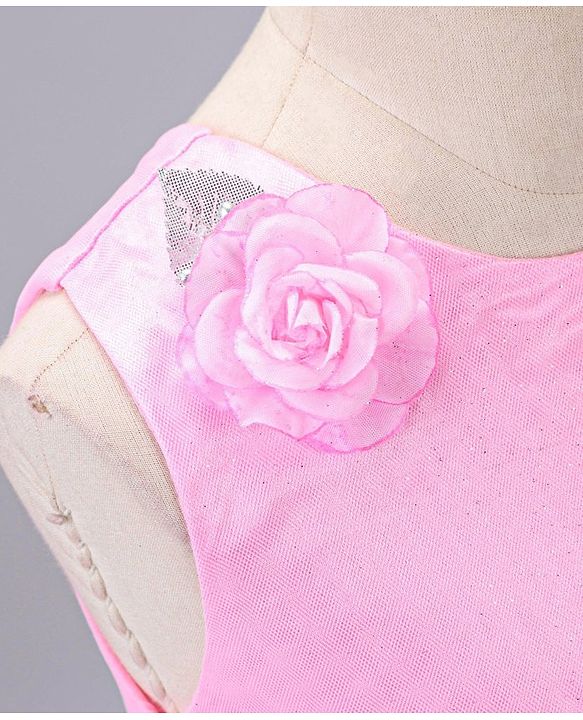 Babyhug Sleeveless Party Wear Frock With Net Detailing & Floral Applique- Pink