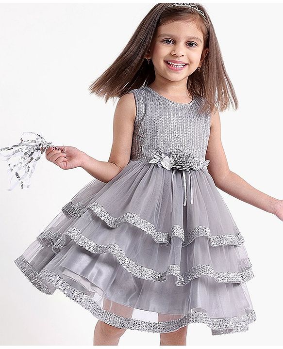 Babyhug Sleeveless Sequinned Party Wear Frock With Corsage  - Grey
