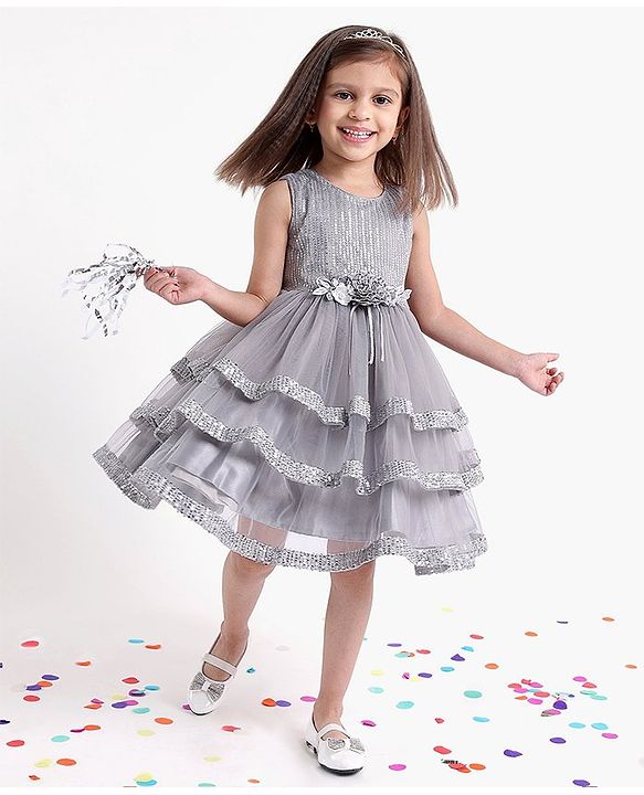 Babyhug Sleeveless Sequinned Party Wear Frock With Corsage  - Grey