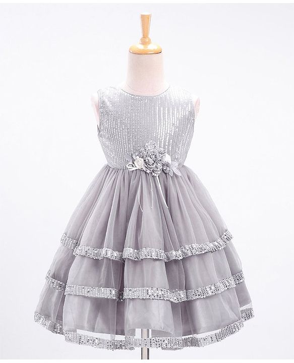 Babyhug Sleeveless Sequinned Party Wear Frock With Corsage  - Grey