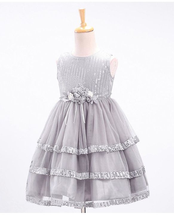 Babyhug Sleeveless Sequinned Party Wear Frock With Corsage  - Grey