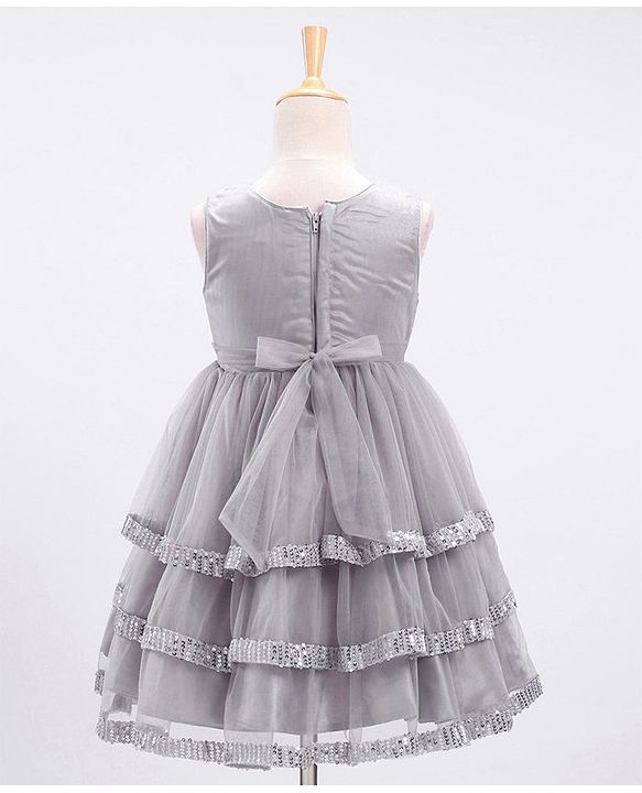 Babyhug Sleeveless Sequinned Party Wear Frock With Corsage  - Grey