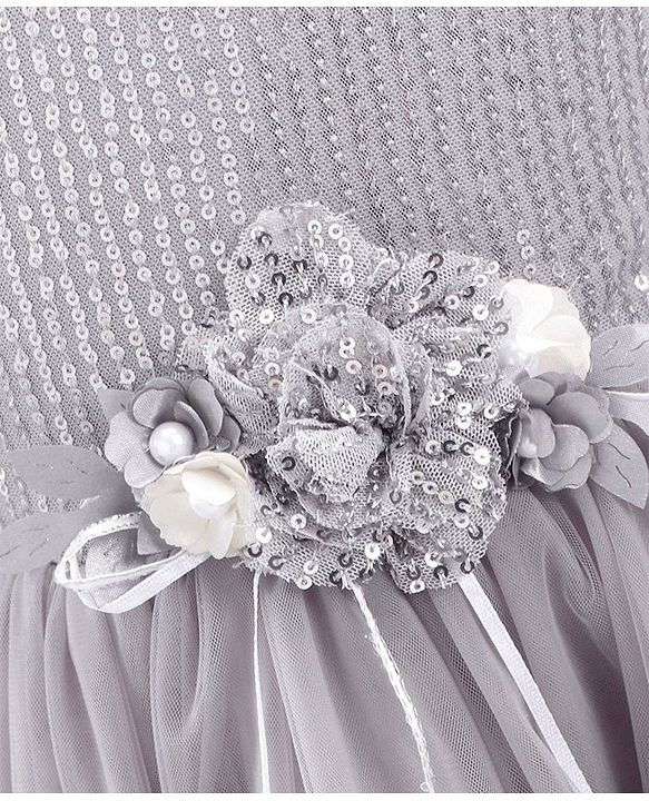 Babyhug Sleeveless Sequinned Party Wear Frock With Corsage  - Grey