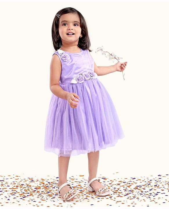 Babyhug Sleeveless Party Wear Frock With Net Detailing & Floral Applique- Purple