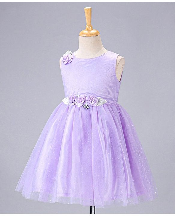 Babyhug Sleeveless Party Wear Frock With Net Detailing & Floral Applique- Purple
