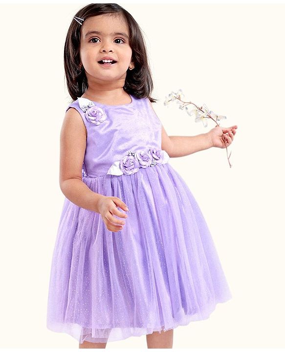 Babyhug Sleeveless Party Wear Frock With Net Detailing & Floral Applique- Purple