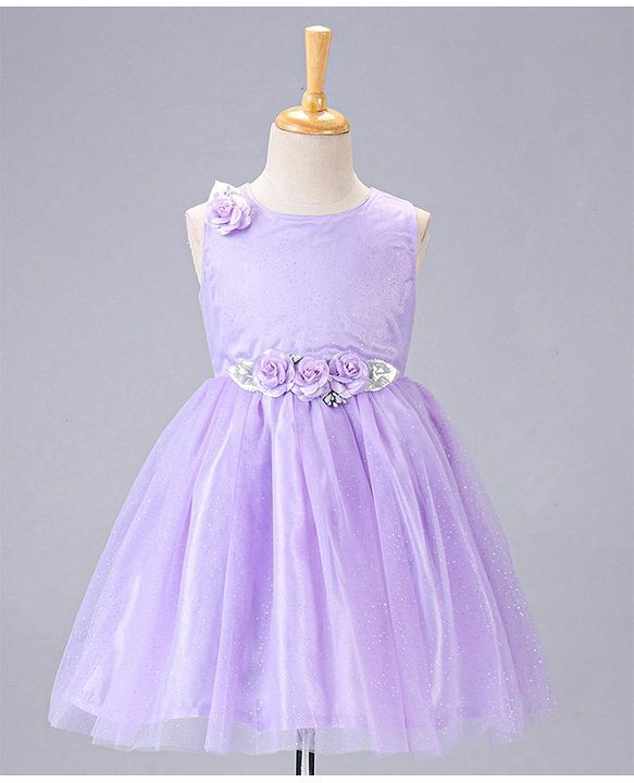 Babyhug Sleeveless Party Wear Frock With Net Detailing & Floral Applique- Purple