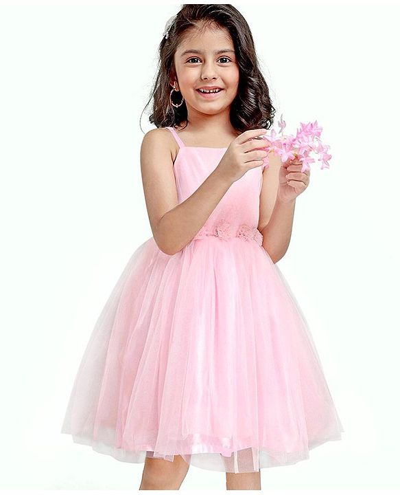 Babyhug Sleeveless Mesh Party Wear Frock With Corsage - Pink