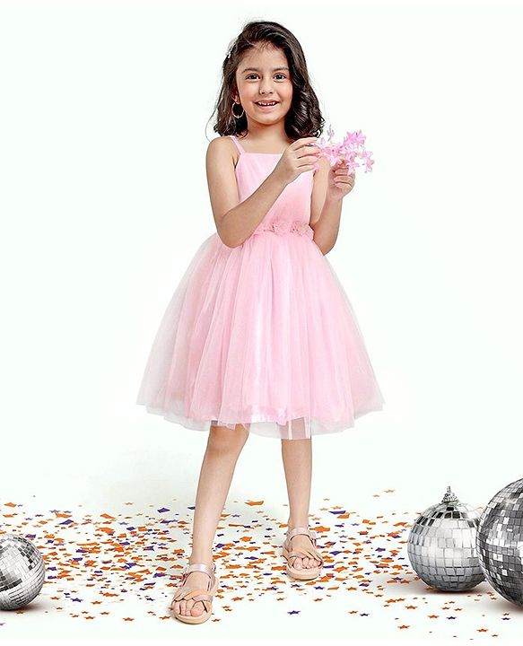 Babyhug Sleeveless Mesh Party Wear Frock With Corsage - Pink