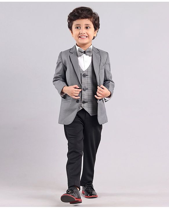 Babyhug Full Sleeves 4 Piece Party Suit With Bow - Grey