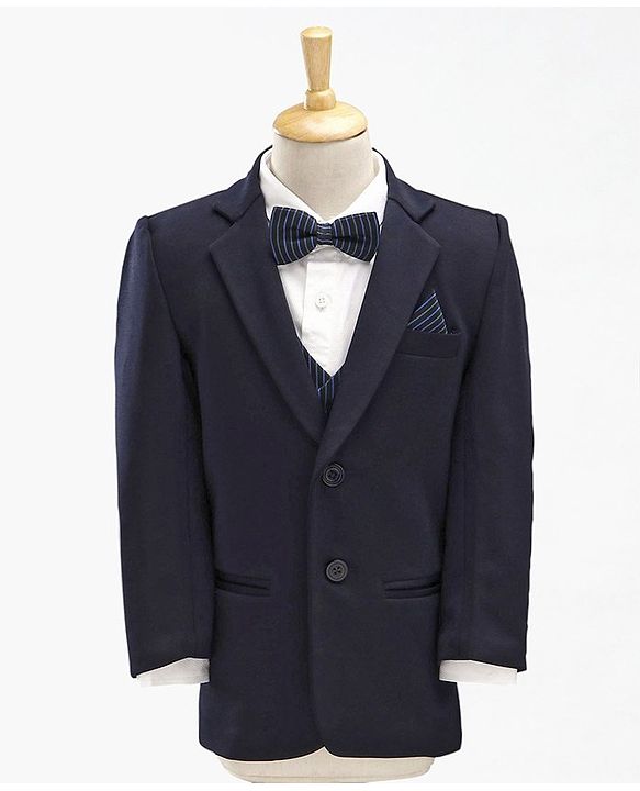Babyhug Full Sleeves Stretch Fit Party Suit with Waist Coat & Bow - Navy
