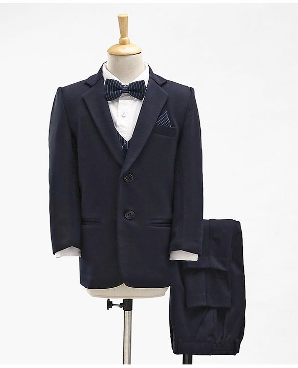 Babyhug Full Sleeves Stretch Fit Party Suit with Waist Coat & Bow - Navy