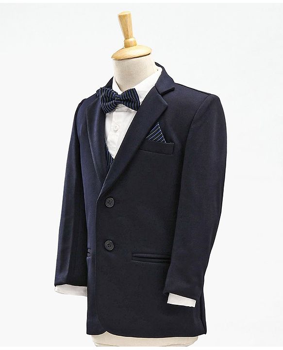 Babyhug Full Sleeves Stretch Fit Party Suit with Waist Coat & Bow - Navy