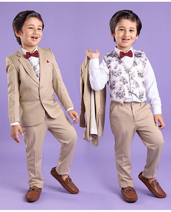 Babyhug Full Sleeves 4 Piece Party Suit With Bow - Cream