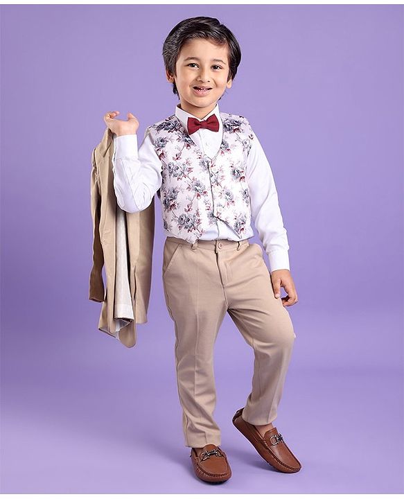 Babyhug Full Sleeves 4 Piece Party Suit With Bow - Cream