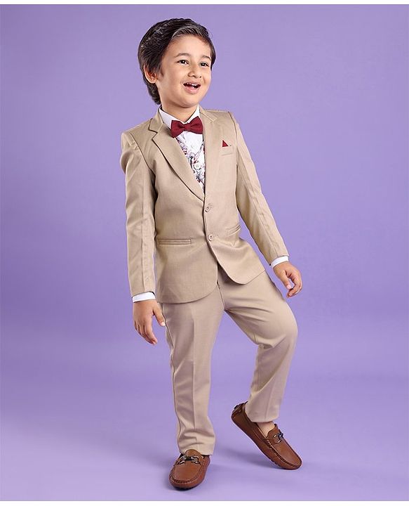 Babyhug Full Sleeves Party Wear Blazer with Graphic Printed T-Shirt - Beige main image 1