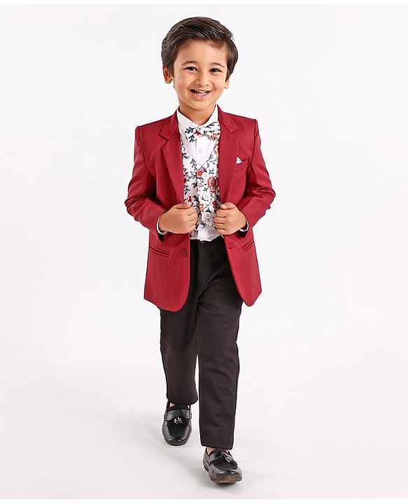 Babyhug Full Sleeves Party Wear Suit with Waistcoat & Bow - Red