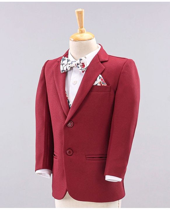 Babyhug Full Sleeves Party Wear Suit with Waistcoat & Bow - Red