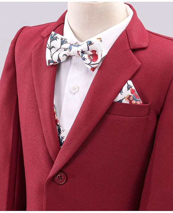 Babyhug Full Sleeves Party Wear Suit with Waistcoat & Bow - Red
