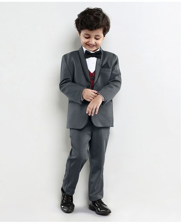 Babyhug Full Sleeves Party Wear Suit with Waistcoat & Bow - Grey