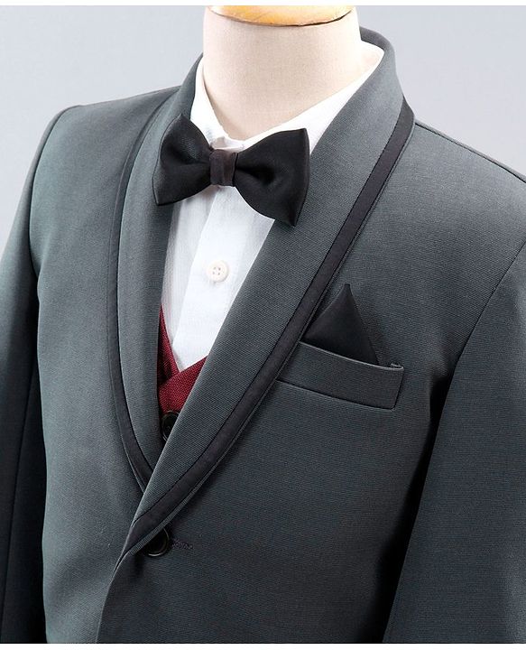 Babyhug Full Sleeves Party Wear Suit with Waistcoat & Bow - Grey