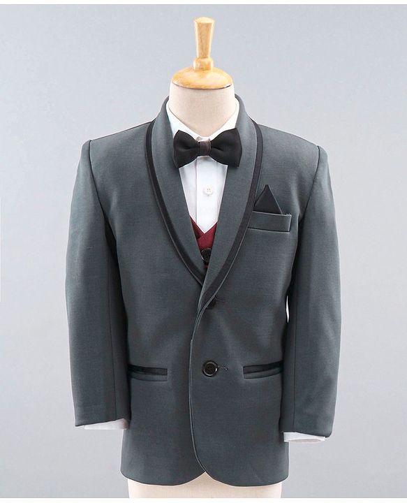 Babyhug Full Sleeves Party Wear Suit with Waistcoat & Bow - Grey