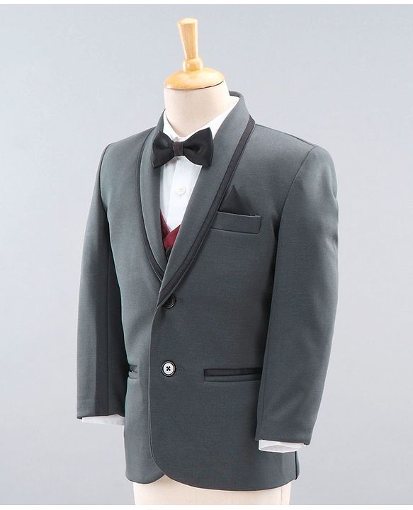 Babyhug Full Sleeves Party Wear Suit with Waistcoat & Bow - Grey