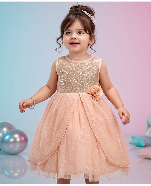 Babyhug Sleeveless Knee Length Sequinned Party Dress - Peach