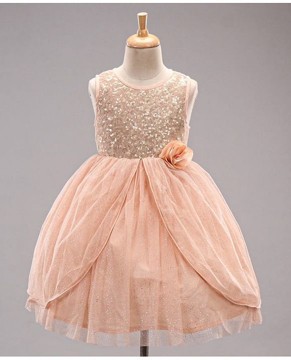 Babyhug Sleeveless Knee Length Sequinned Party Dress - Peach