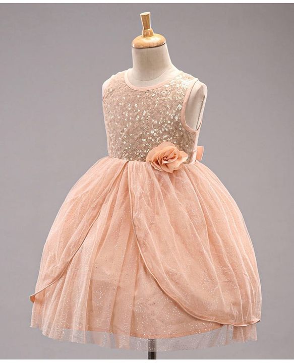Babyhug Sleeveless Knee Length Sequinned Party Dress - Peach