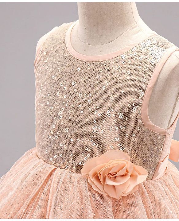Babyhug Sleeveless Knee Length Sequinned Party Dress - Peach