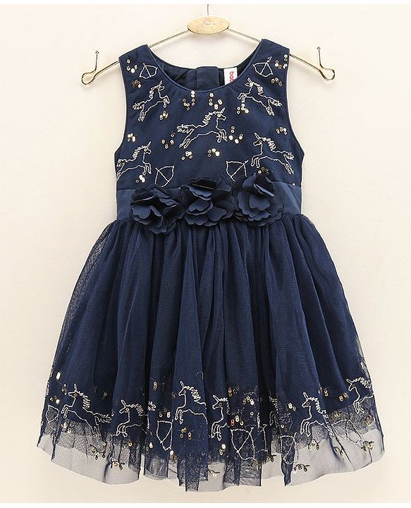 Babyhug Sleeveless Embroidered Party Wear Frock Floral Corsage- Blue