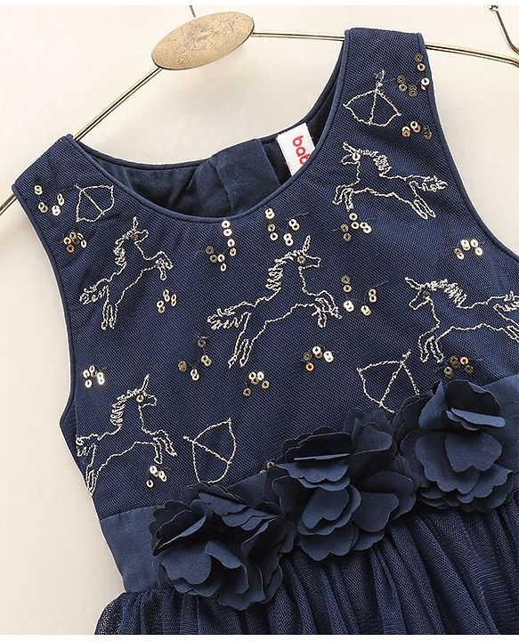 Babyhug Sleeveless Embroidered Party Wear Frock Floral Corsage- Blue